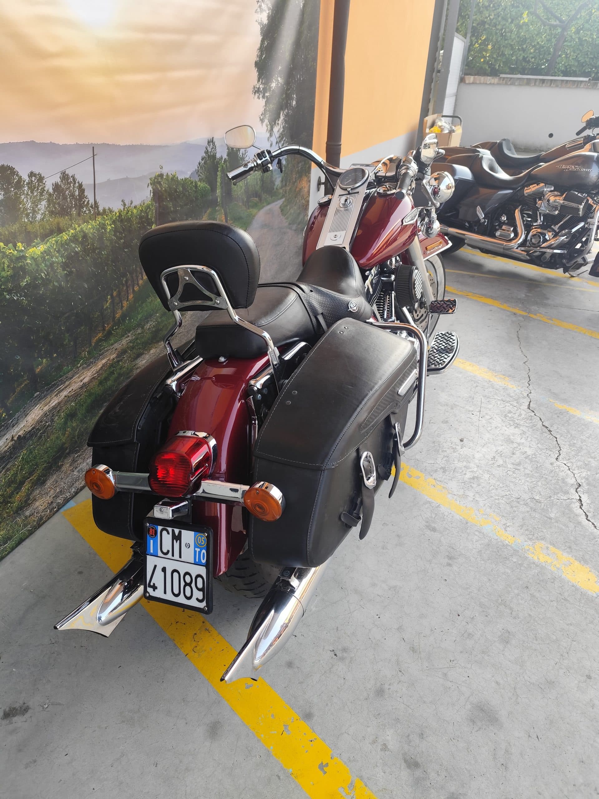 Harley-Davidson rossa, modello Touring, con borse laterali in pelle e targa CM TO 41089, parcheggiata. Sfondo murale paesaggio ideale per test ride.