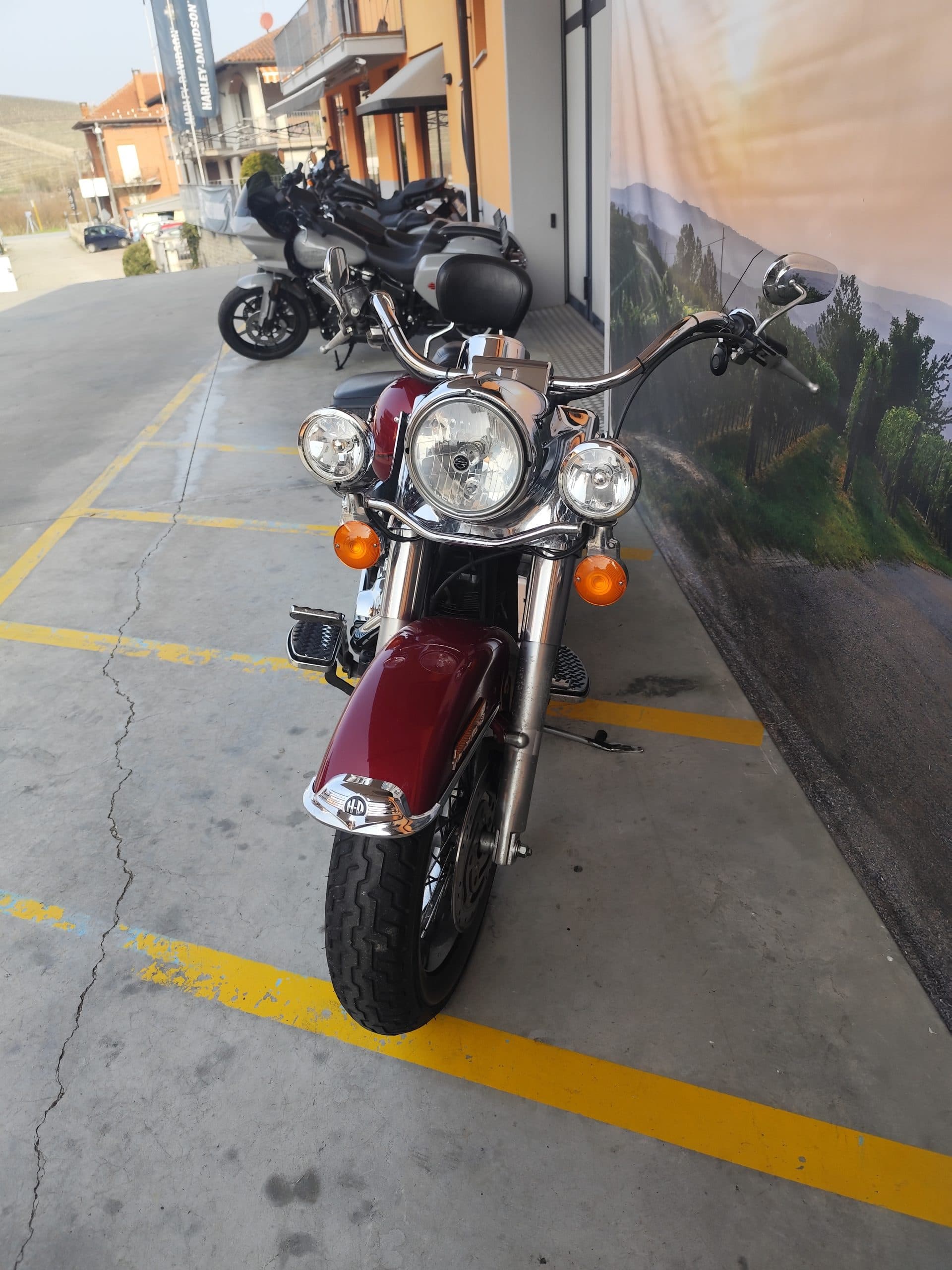 Harley-Davidson rossa parcheggiata in concessionaria, con altre moto e banner del marchio. Sfondo con paesaggio collinare e vigneti.