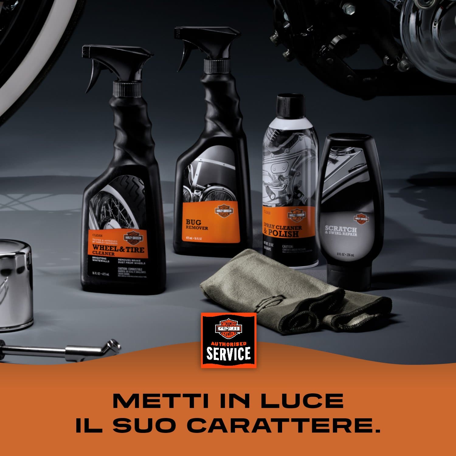 Prodotti per la cura e la pulizia moto Harley-Davidson: detergente ruote, rimuovi insetti, lucidante spray, riparatore graffi. Metti in luce il carattere della tua moto.