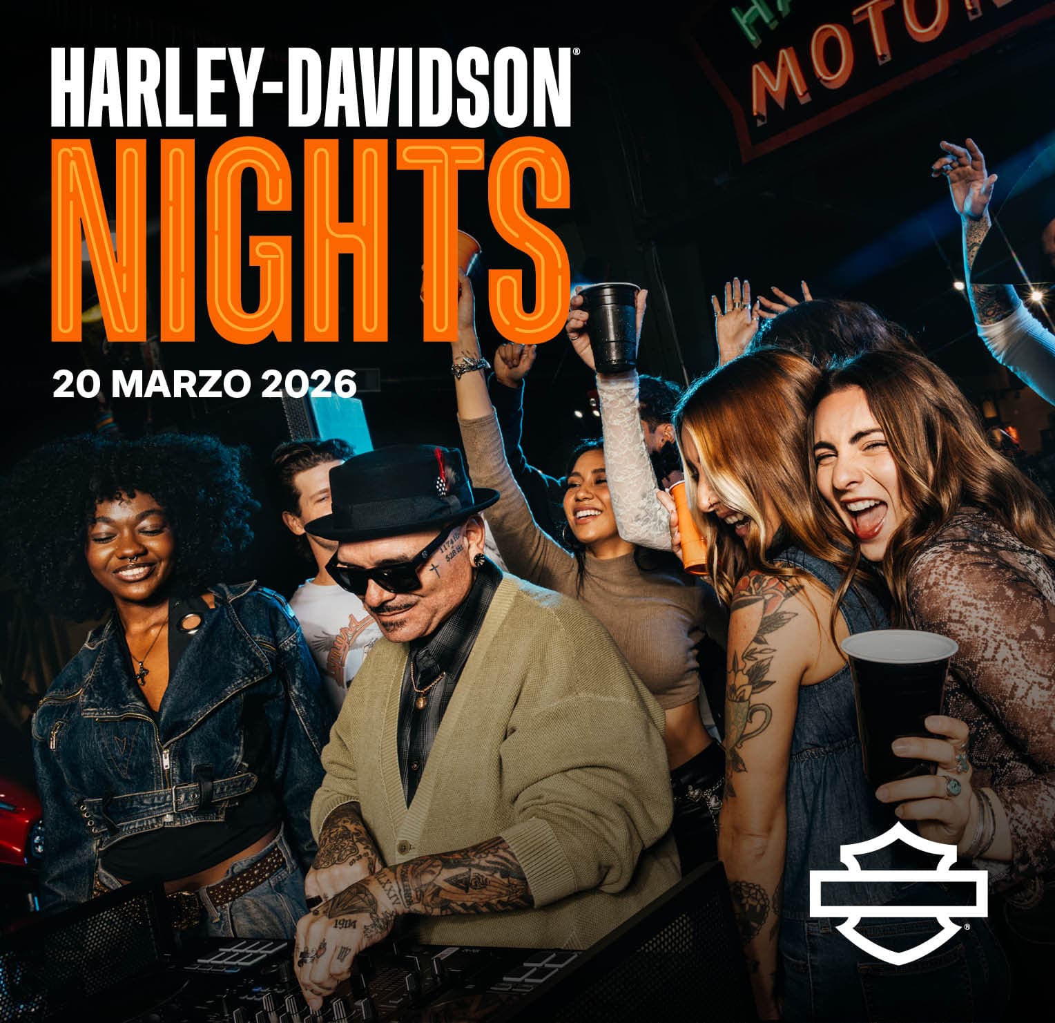 Harley-Davidson Nights: evento con DJ set e persone che ballano, creando un'atmosfera festosa e di comunità. Data: 20 Marzo 2