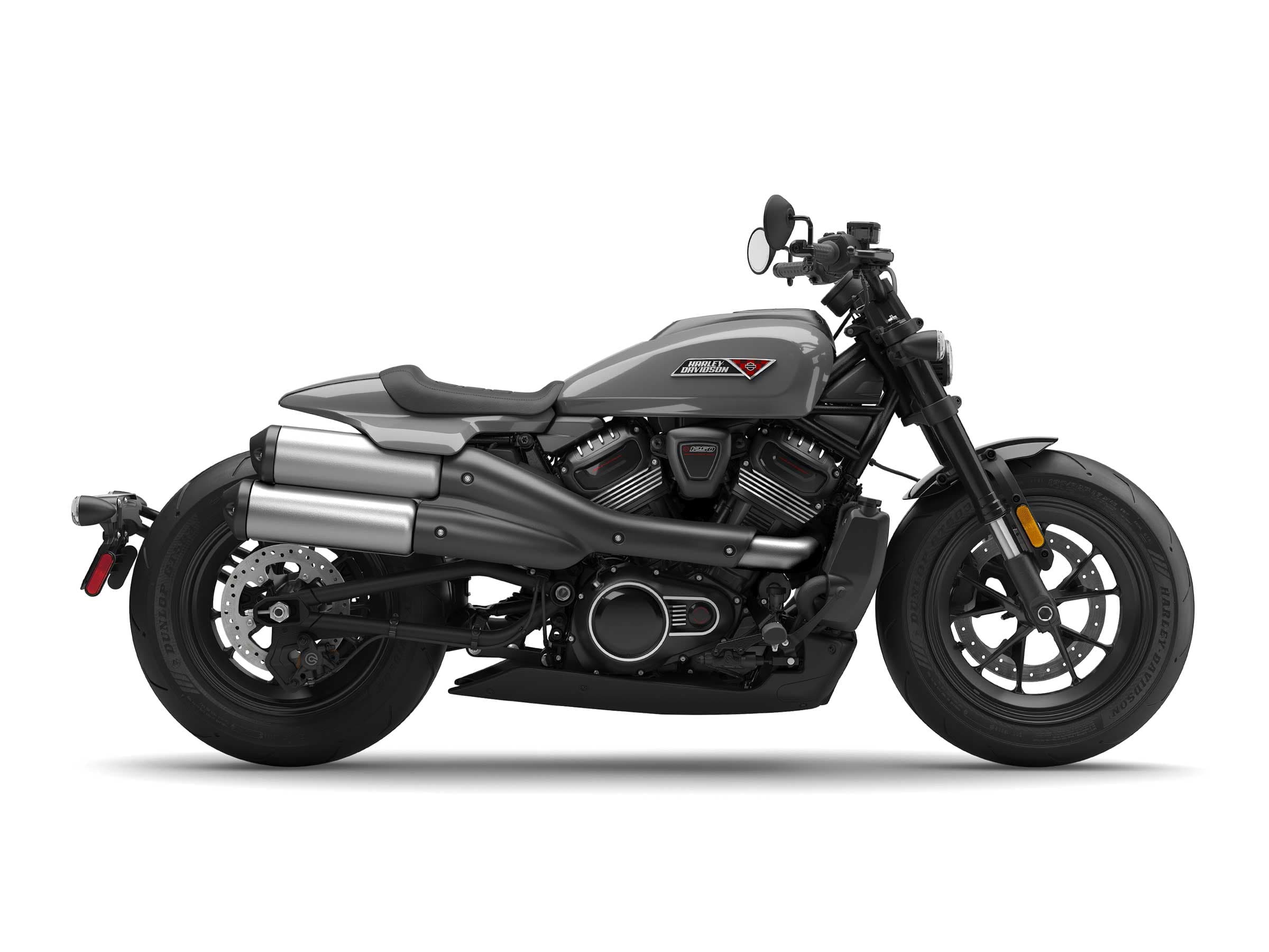 Harley-Davidson Sportster S grigio, vista laterale sinistra. Dettagli del motore Revolution Max 1250T, scarichi alti e ruote in lega nere.
