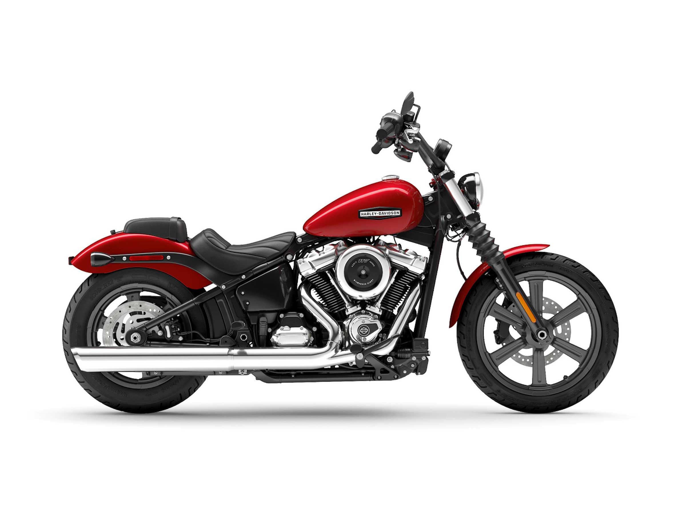 Harley-Davidson Low Rider S rossa, vista laterale sinistra. La moto presenta un motore Milwaukee-Eight 117 cromato, scarichi cromati, sella monoposto nera e cerchi in lega neri.