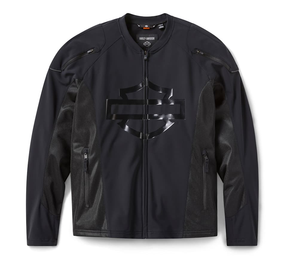 Giacca tecnica nera Harley-Davidson con logo Bar & Shield lucido, inserti in mesh traspirante sui fianchi e tasche multiple con cerniera.