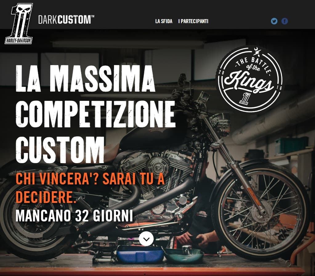 Pagina Harley-Davidson Dark Custom: moto in lavorazione per la competizione 'Battle of the Kings 2016'. Invito a votare, mancano 32 giorni.