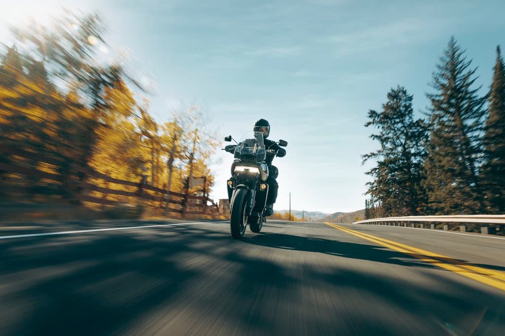 Motociclista con abbigliamento tecnico su moto Harley-Davidson in corsa su strada panoramica. Effetto mosso per dinamismo, ideale per test ride.