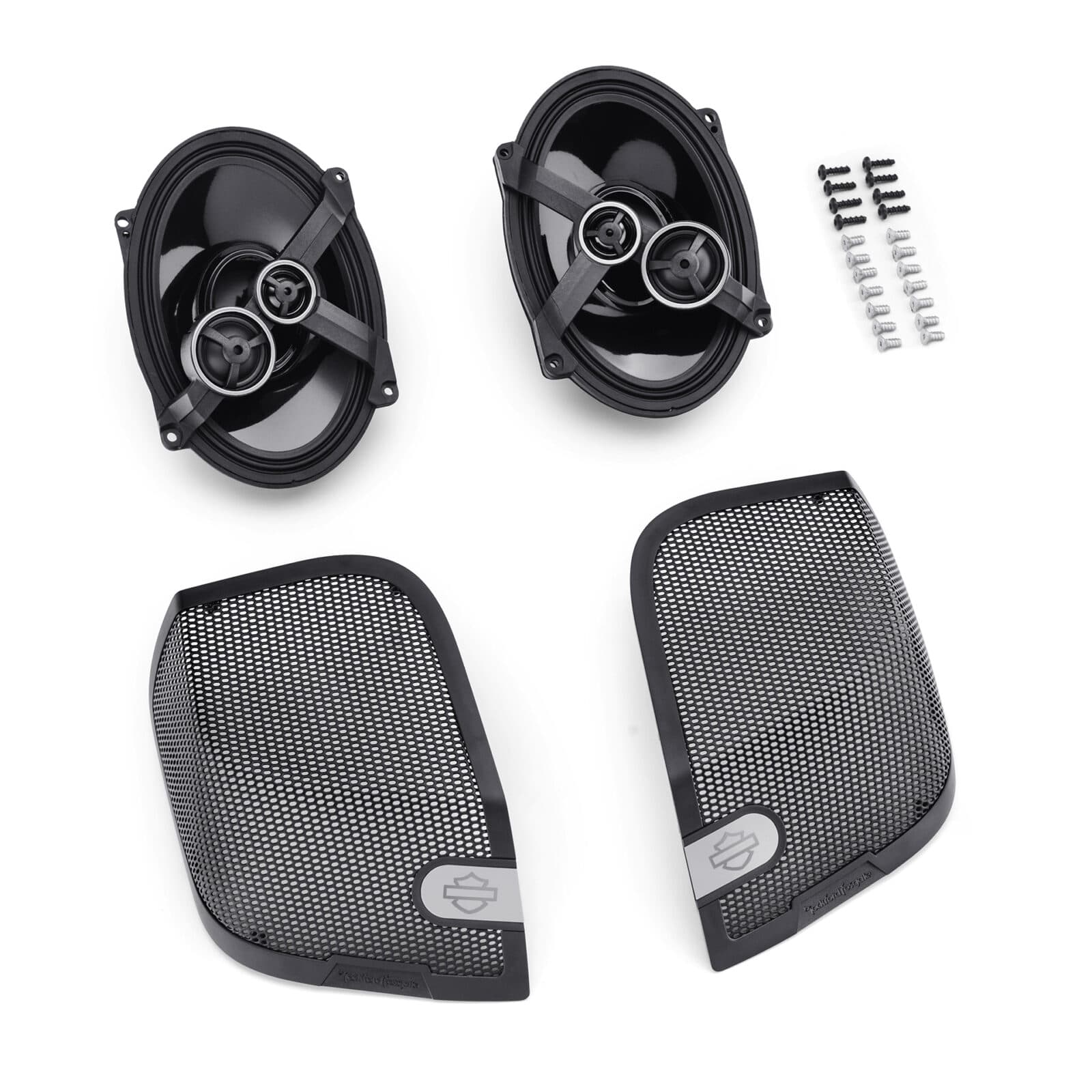 Kit altoparlanti coassiali ovali neri per moto Harley-Davidson, completi di griglie protettive con logo e viteria di fissaggio.