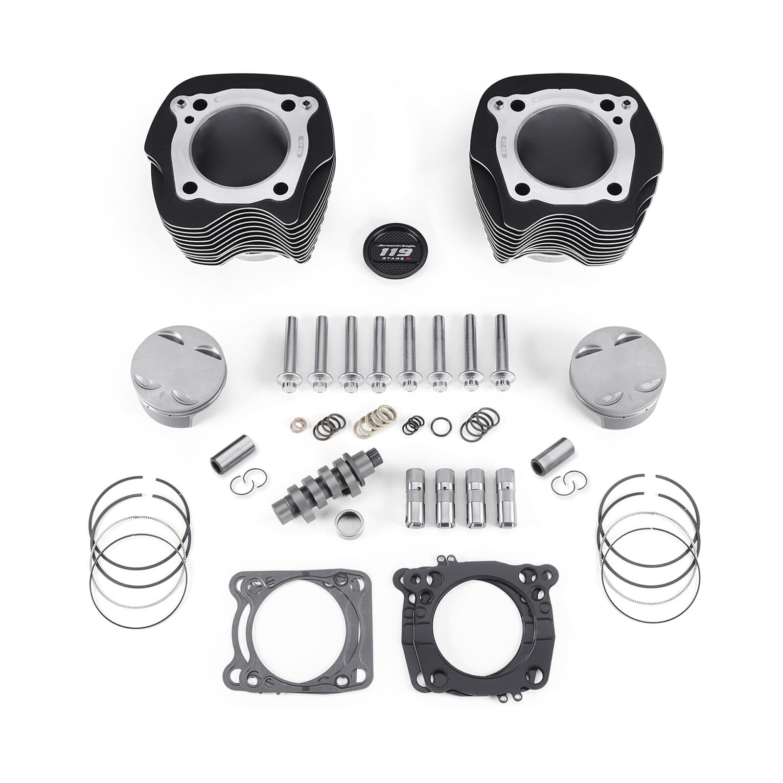 Kit motore Screamin' Eagle 119 Stage IV Harley-Davidson: cilindri, pistoni, albero a camme, guarnizioni e componenti per potenziamento.