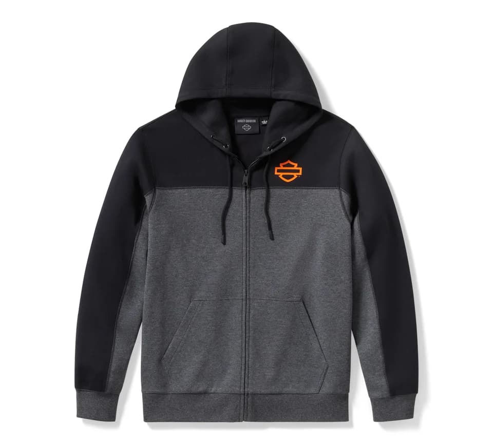 Felpa con cappuccio full-zip Harley-Davidson bicolore nera e grigia, con logo Bar & Shield arancione sul petto.