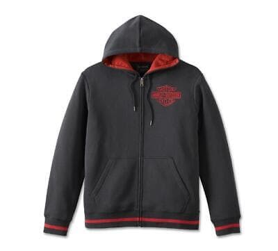 Felpa full-zip Harley-Davidson grigio scuro con cappuccio foderato rosso, logo scudo rosso sul petto, polsini e orlo a righe rosse. Abbigliamento.
