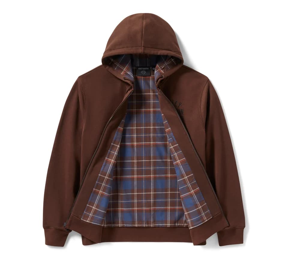 Felpa con cappuccio marrone con zip, aperta per mostrare la fodera interna a quadri blu e marroni. Etichetta Harley-Davidson visibile.