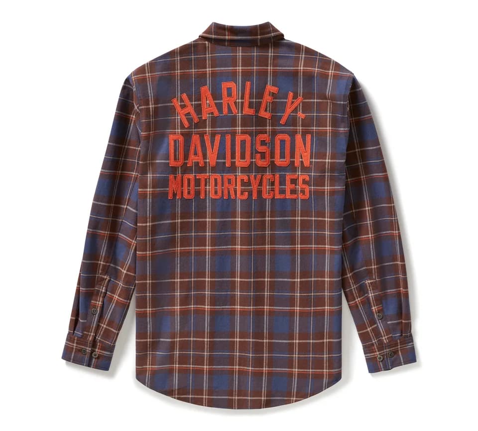 Retro di camicia in flanella a quadri marroni e blu Harley-Davidson con scritta 'HARLEY-DAVIDSON MOTORCYCLES' ricamata arancione.