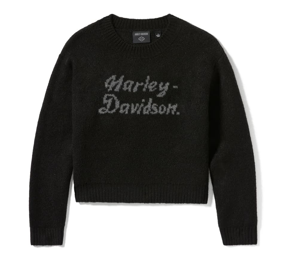 Maglione nero in maglia Harley-Davidson con logo testurizzato grigio sul petto e filato leggermente brillante. Abbigliamento ufficiale.