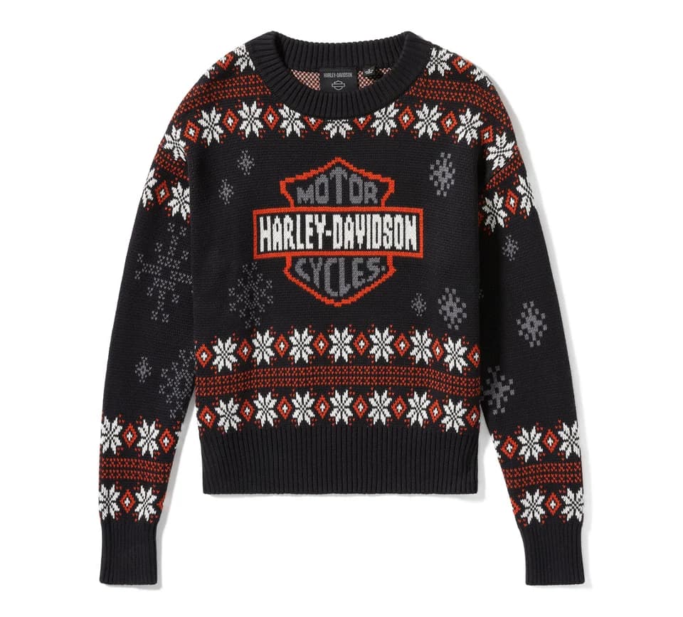 Maglione natalizio Harley-Davidson nero con logo centrale arancione e bianco, decorato con fiocchi di neve e motivi fair isle.
