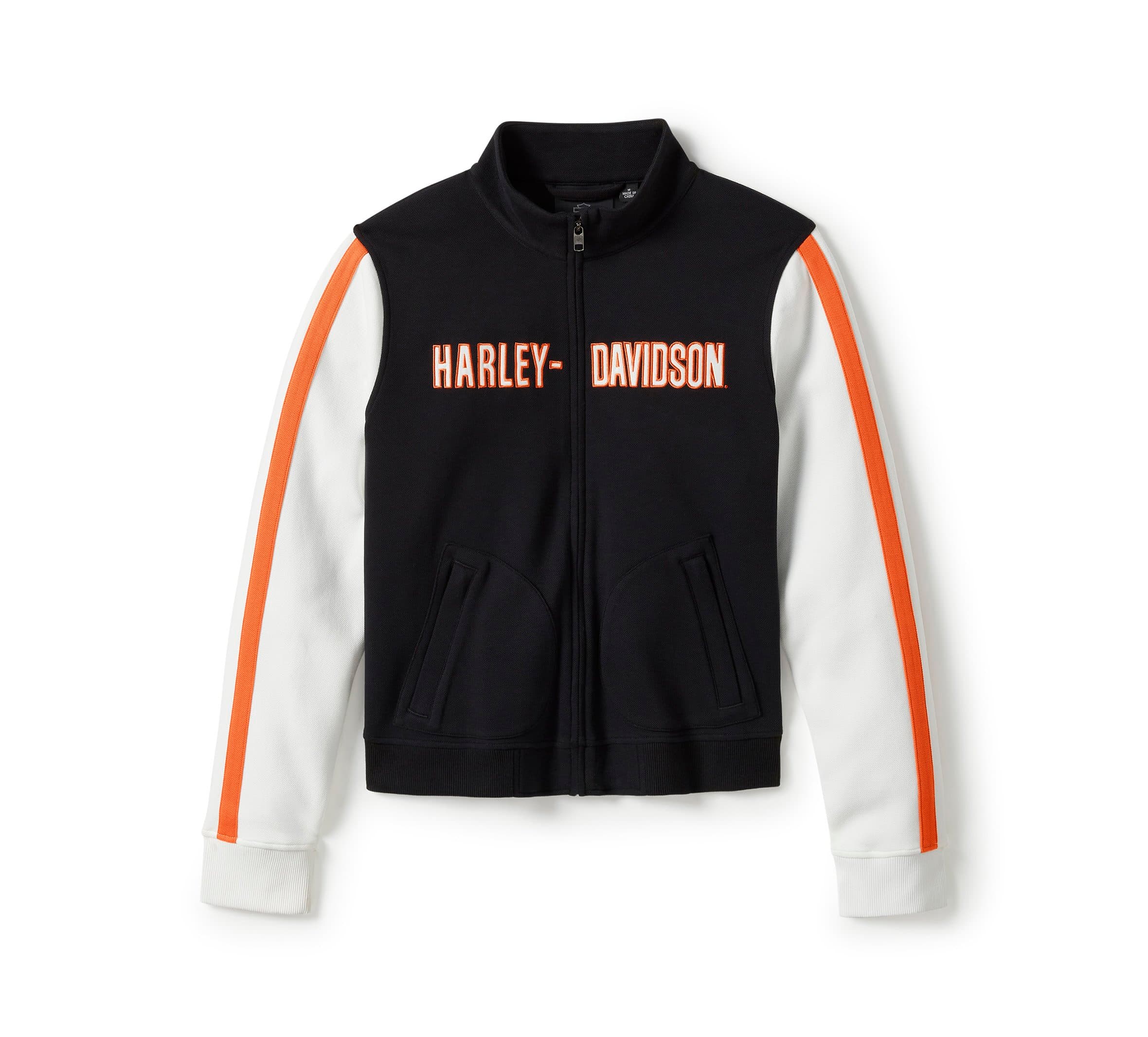Track jacket Harley-Davidson nera con maniche bianche e strisce arancioni, logo frontale arancione, cerniera e tasche. Abbigliamento sport