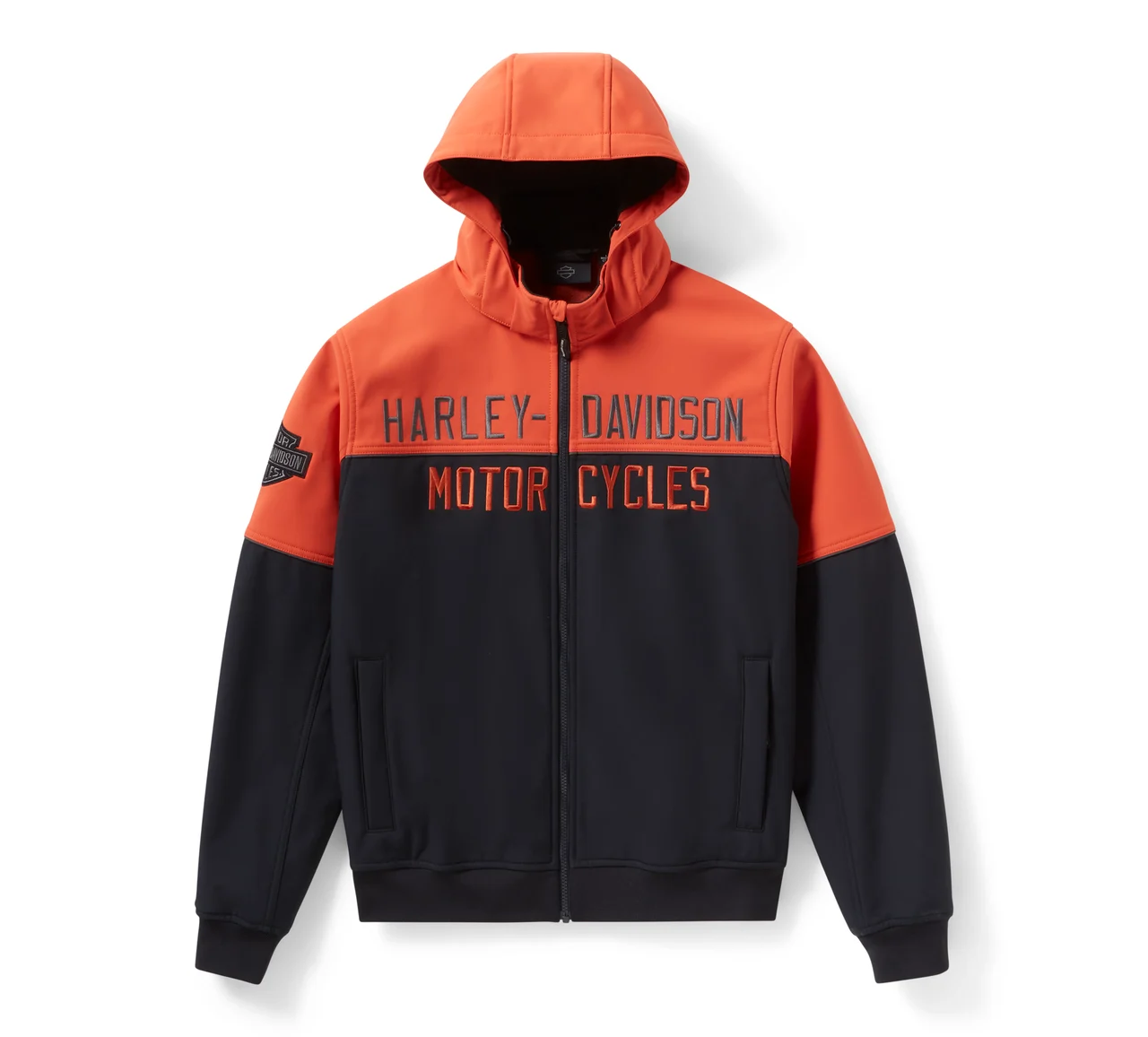 Giacca softshell con cappuccio Harley-Davidson, bicolore arancione e nero, con ricamo "HARLEY-DAVIDSON MOTOR CYCLES" sul petto. Abbigliamento.