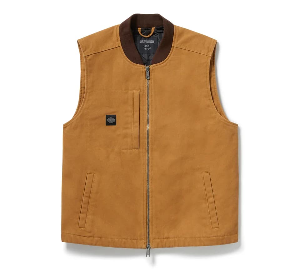 Gilet bomber Harley-Davidson color cuoio in tela, con cerniera, colletto a costine, tasca sul petto con patch logo e tasche a