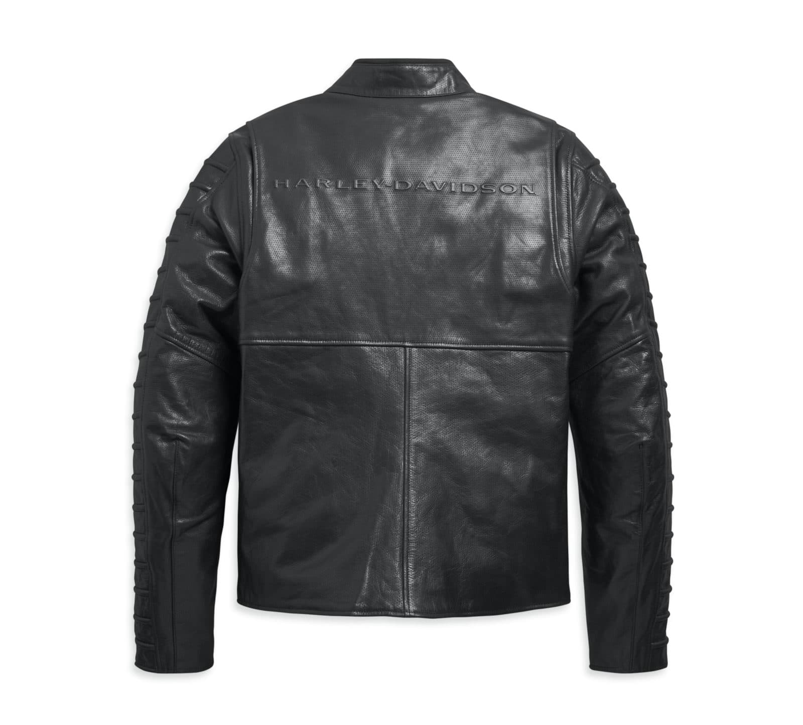 Giacca da moto in pelle nera traforata Harley-Davidson, vista posteriore. Logo Harley-Davidson in rilievo sulla schiena. Dettagli a coste sulle maniche.