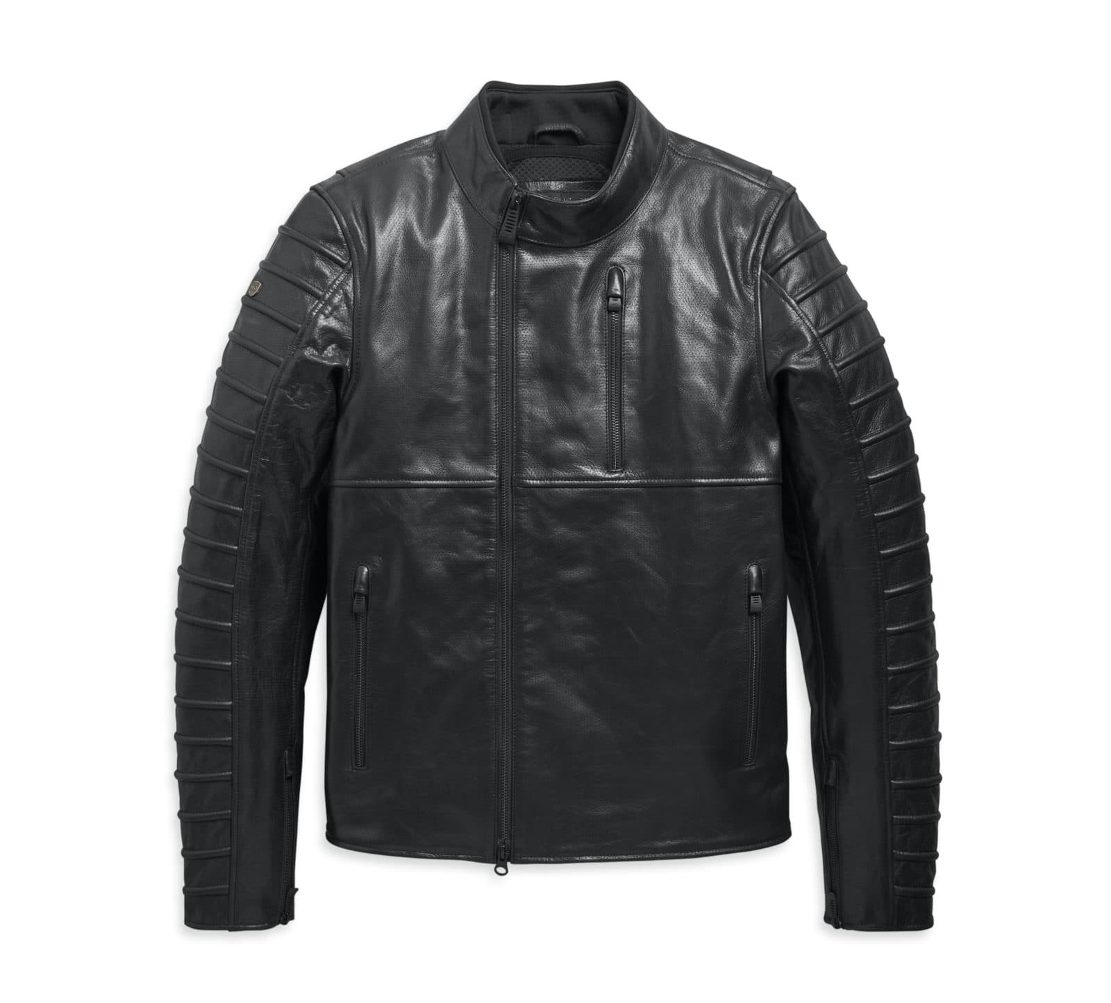 Giacca da moto in pelle nera Harley-Davidson, collo a fascetta, full-zip, tasche con cerniera, dettagli trapuntati su spalle e maniche.