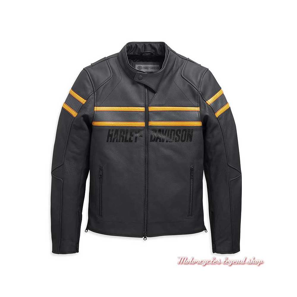 Giacca da moto in pelle nera Harley-Davidson con strisce arancioni e grigie, logo in rilievo sul petto e colletto, chiusura a zip e dettagli traforati.