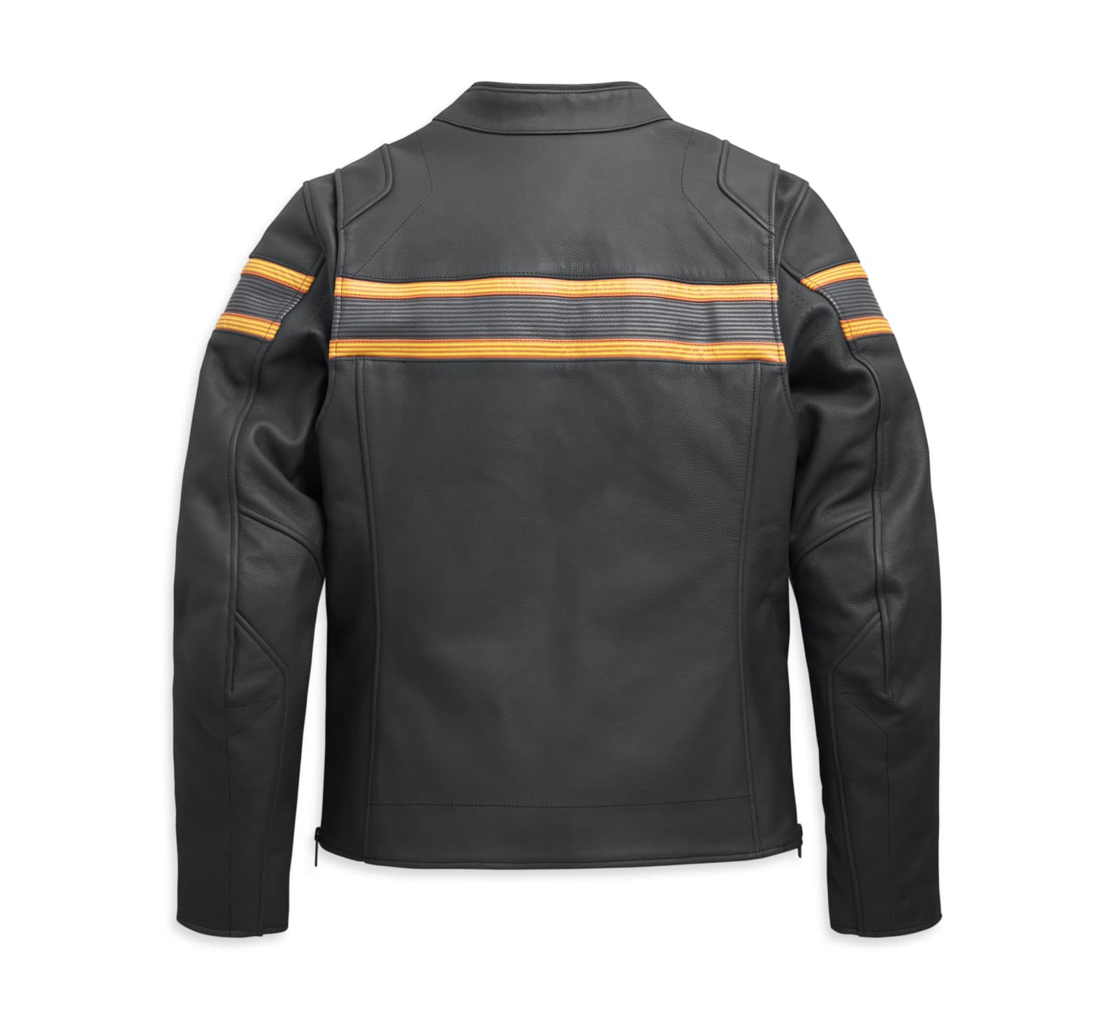 Giacca da moto in pelle nera Harley-Davidson, vista posteriore, con strisce orizzontali arancioni e grigie su schiena e spalle. Abbigliamento tecnico.