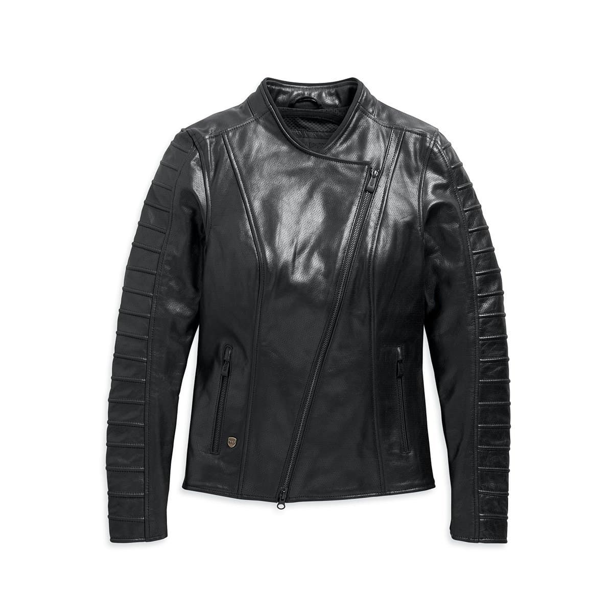 Giacca da moto Harley-Davidson in pelle nera traforata, design asimmetrico con cerniera diagonale e dettagli a coste sulle maniche.