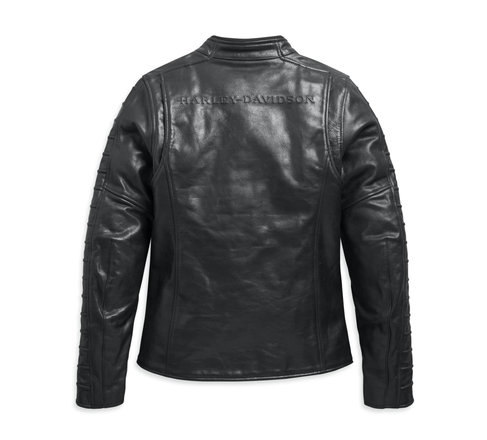 Giacca in pelle nera perforata Harley-Davidson, vista posteriore, con logo in rilievo sulla schiena e dettagli a coste sulle maniche.