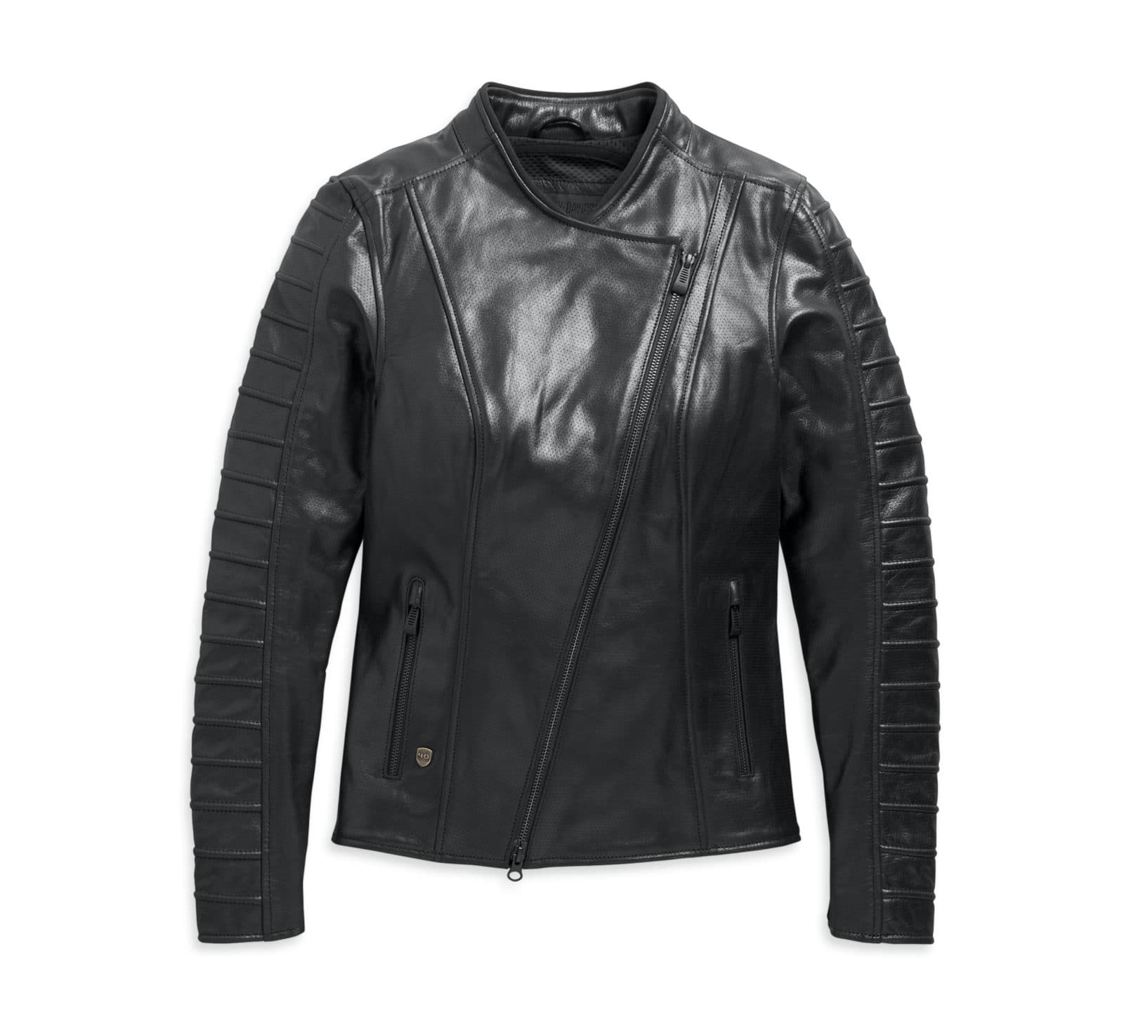 Giacca da moto in pelle nera perforata Harley-Davidson, con taglio asimmetrico, collo alla coreana e dettagli trapuntati su spalle e maniche.