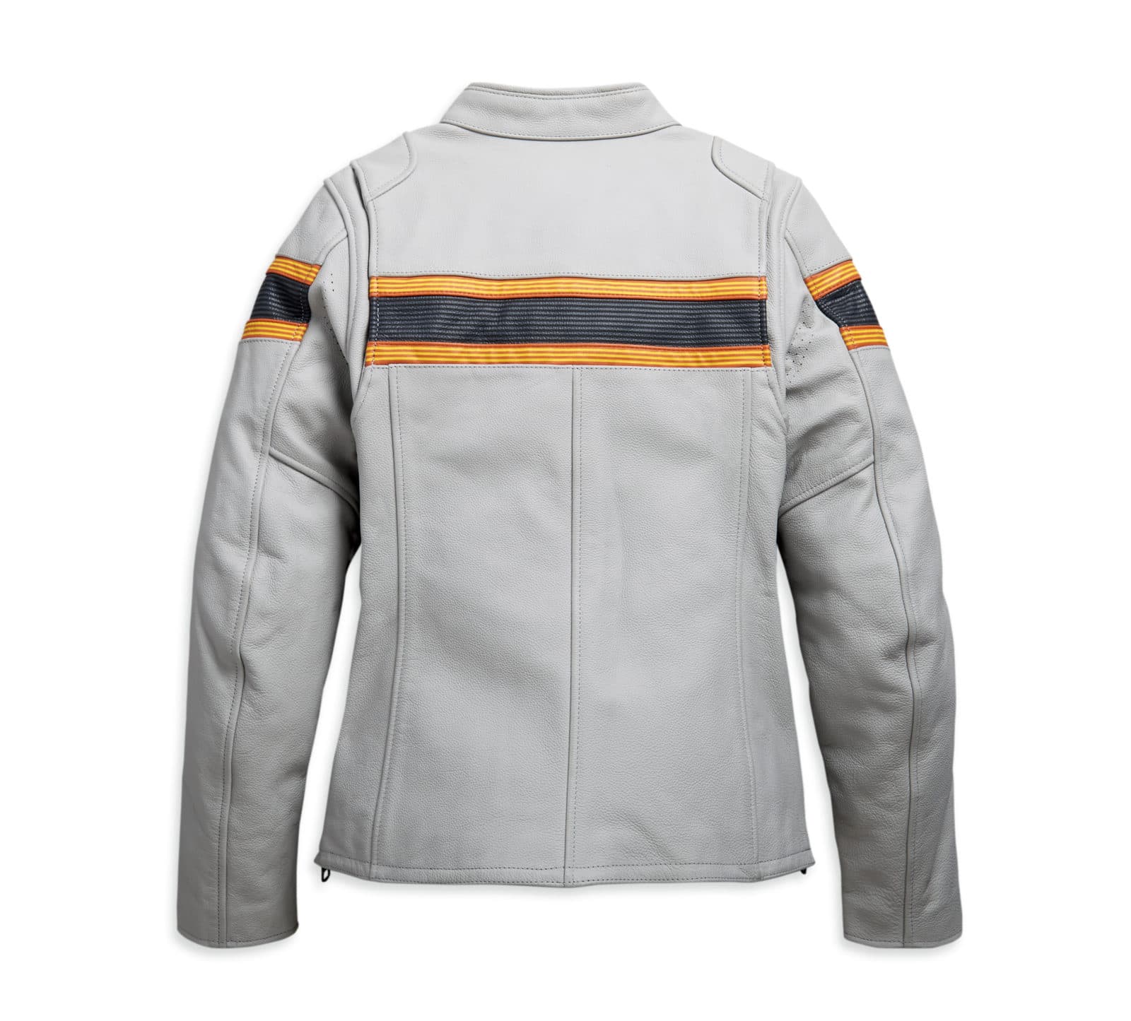 Giacca da moto in pelle Harley-Davidson grigio chiaro, vista posteriore, con bande orizzontali arancioni e nere su schiena e spalle.