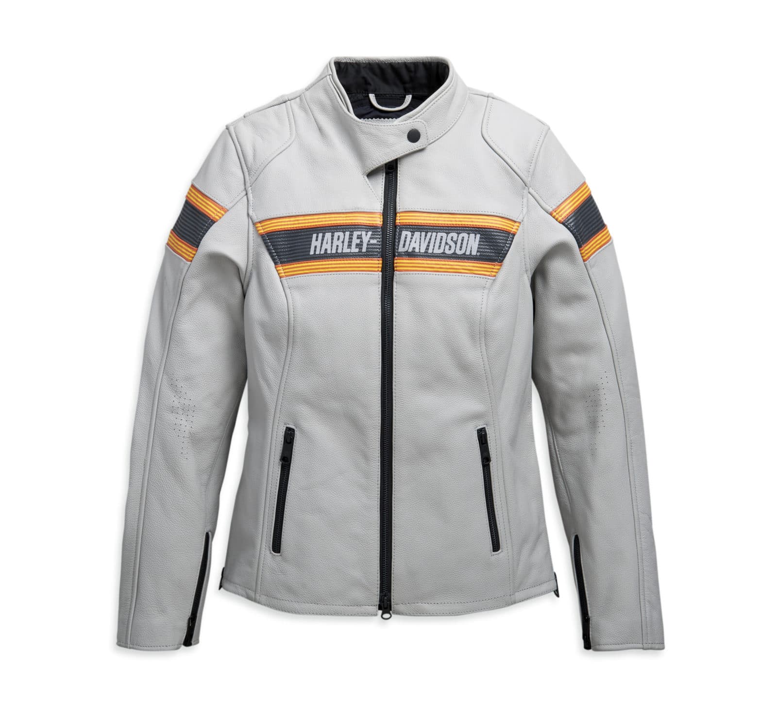 Giacca motociclistica in pelle Harley-Davidson grigio chiaro con strisce orizzontali arancioni e grigio scuro, logo sul petto e cerniere nere.