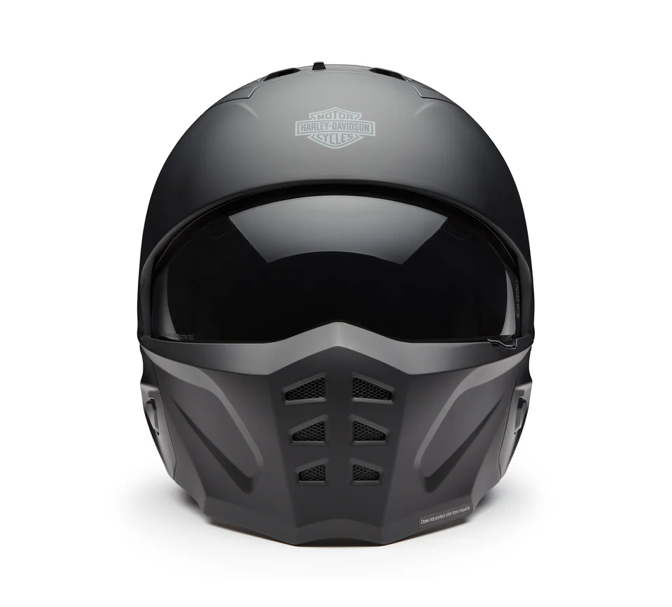 Casco moto Harley-Davidson nero opaco con visiera scura e mentoniera integrata. Abbigliamento protettivo per motociclisti.
