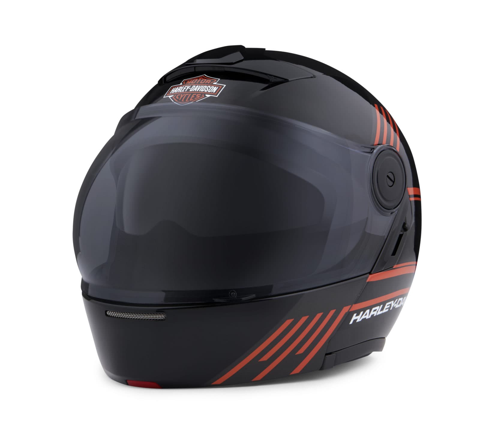 Casco modulare Harley-Davidson nero con strisce arancioni, visiera scura e prese d'aria. Abbigliamento moto.
