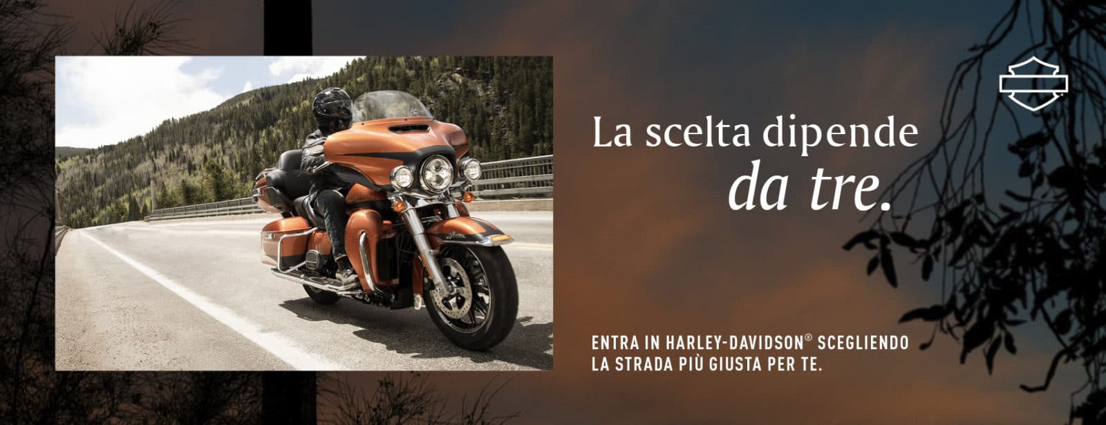 Una moto Harley-Davidson arancione con un motociclista in sella percorre una strada di montagna. Sulla destra, testo promozionale: "La scelta dipende da tre. Entra in Harley-Davidson® scegliendo la strada più giusta per te."