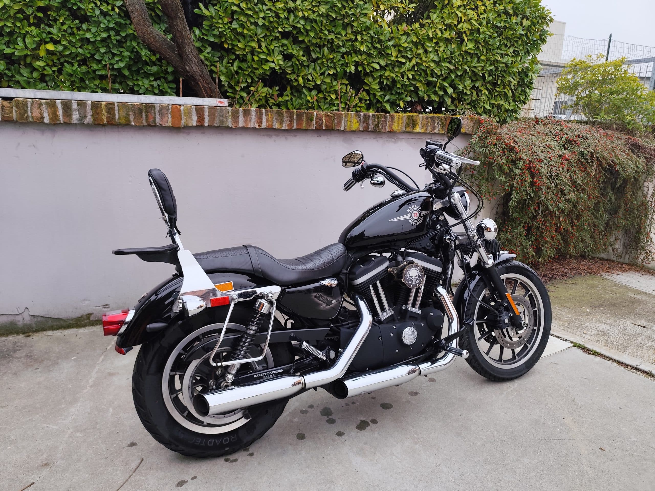 Harley-Davidson Sportster nera, con motore V-Twin, scarichi cromati, sissy bar e sella biposto. Perfetta per un test ride.