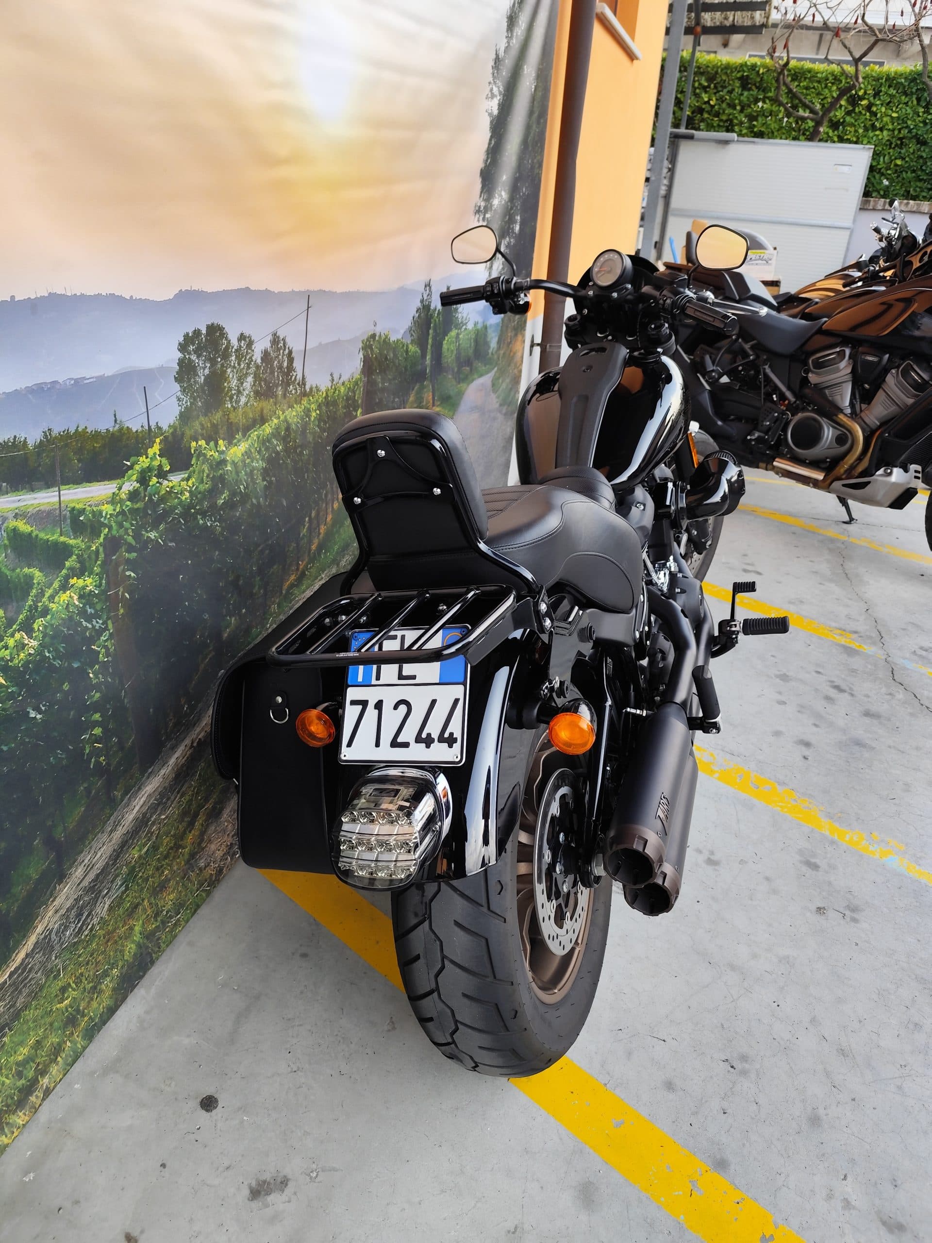 Harley-Davidson nera customizzata con sissy bar, portapacchi, borse laterali e targa FL 71244, esposta in concession