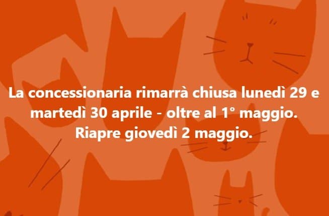 Avviso chiusura concessionaria Harley-Davidson: lunedì 29, martedì 30 aprile e 1° maggio. Riapertura giovedì 2 maggio.