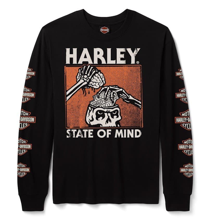 Maglia nera Harley-Davidson a maniche lunghe con grafica 'HARLEY STATE OF MIND': teschio, mani scheletriche, cervello e banconote Harley-Davidson
