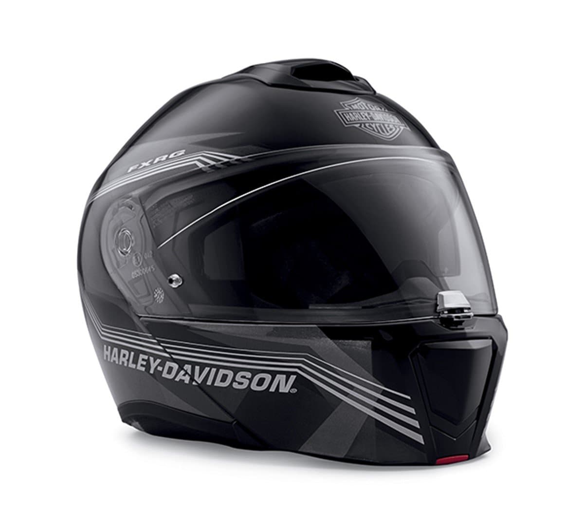 Casco modulare nero Harley-Davidson FXRG con visiera scura e grafica geometrica, ideale per abbigliamento moto.