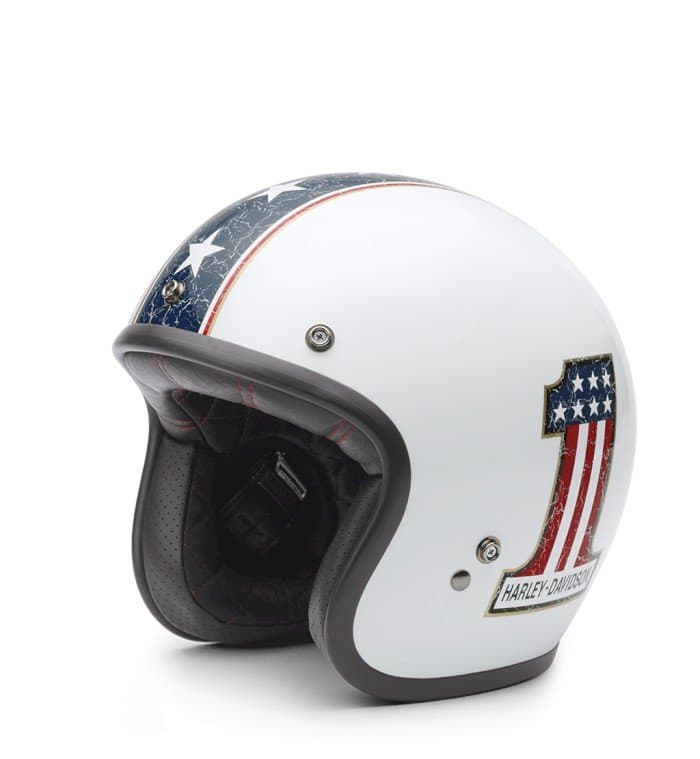 Casco jet Harley-Davidson bianco con grafica bandiera americana stilizzata, logo "Number 1" e dettagli distressed. Interno in pelle nera.
