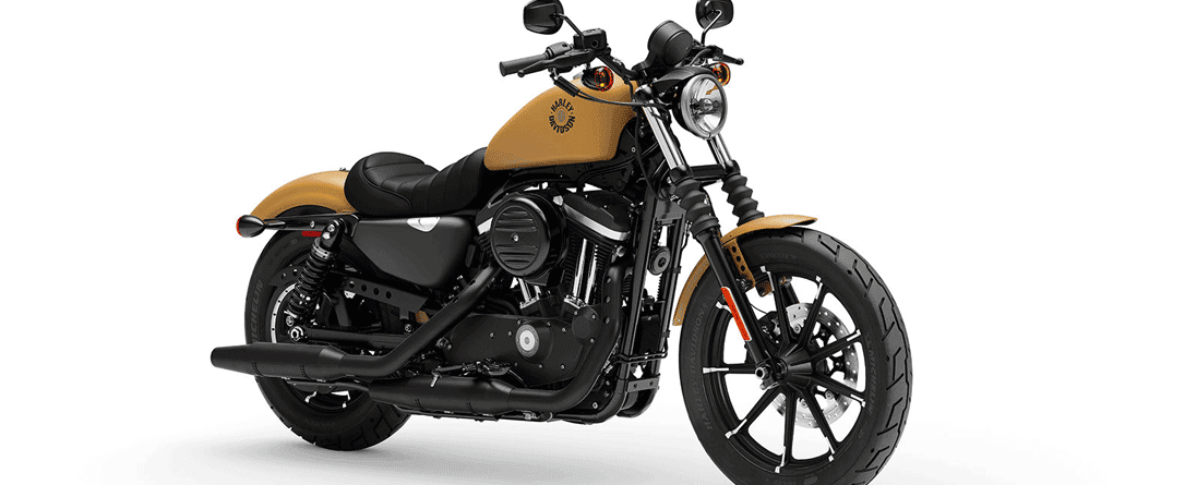 Harley-Davidson Sportster Iron 883 color sabbia opaco su sfondo bianco. Dettagli motore nero, scarico, sella monoposto e cerchi a razze.