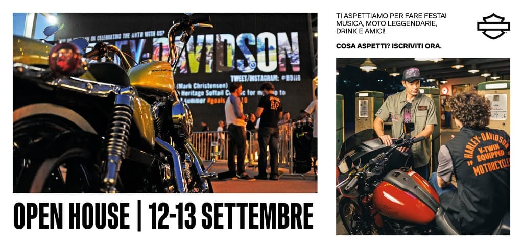 Open House Harley-Davidson 12-13 Settembre: esposizione moto, raduno e abbigliamento. Invito a iscriversi per l'evento.