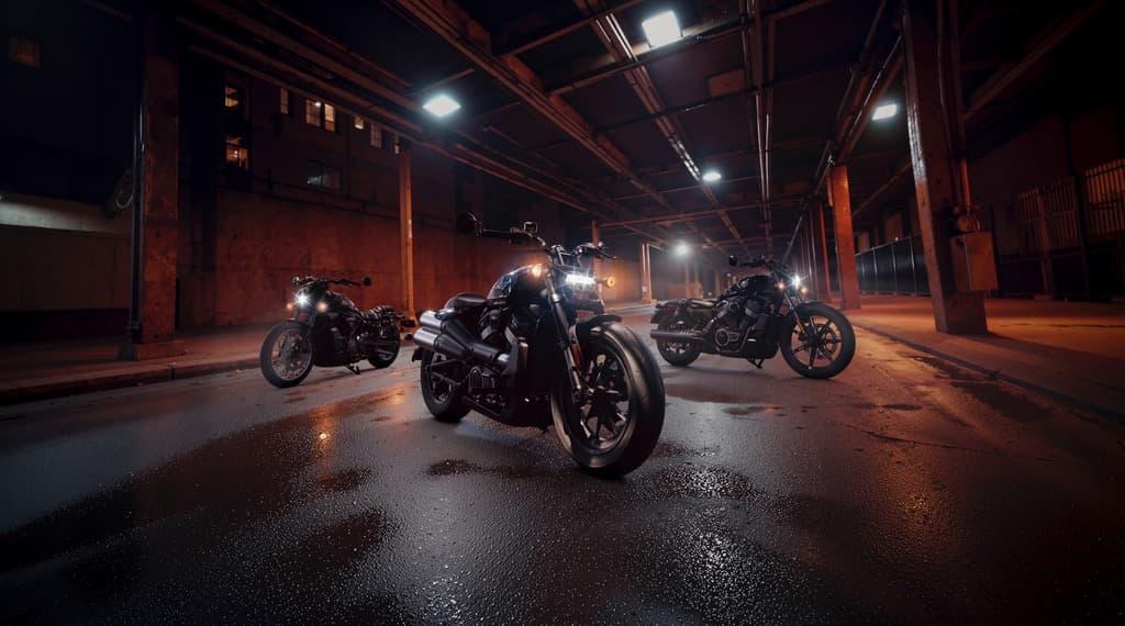 Tre motociclette Harley-Davidson, modelli cruiser moderni, parcheggiate di notte su asfalto bagnato sotto un viadotto urbano illuminato.