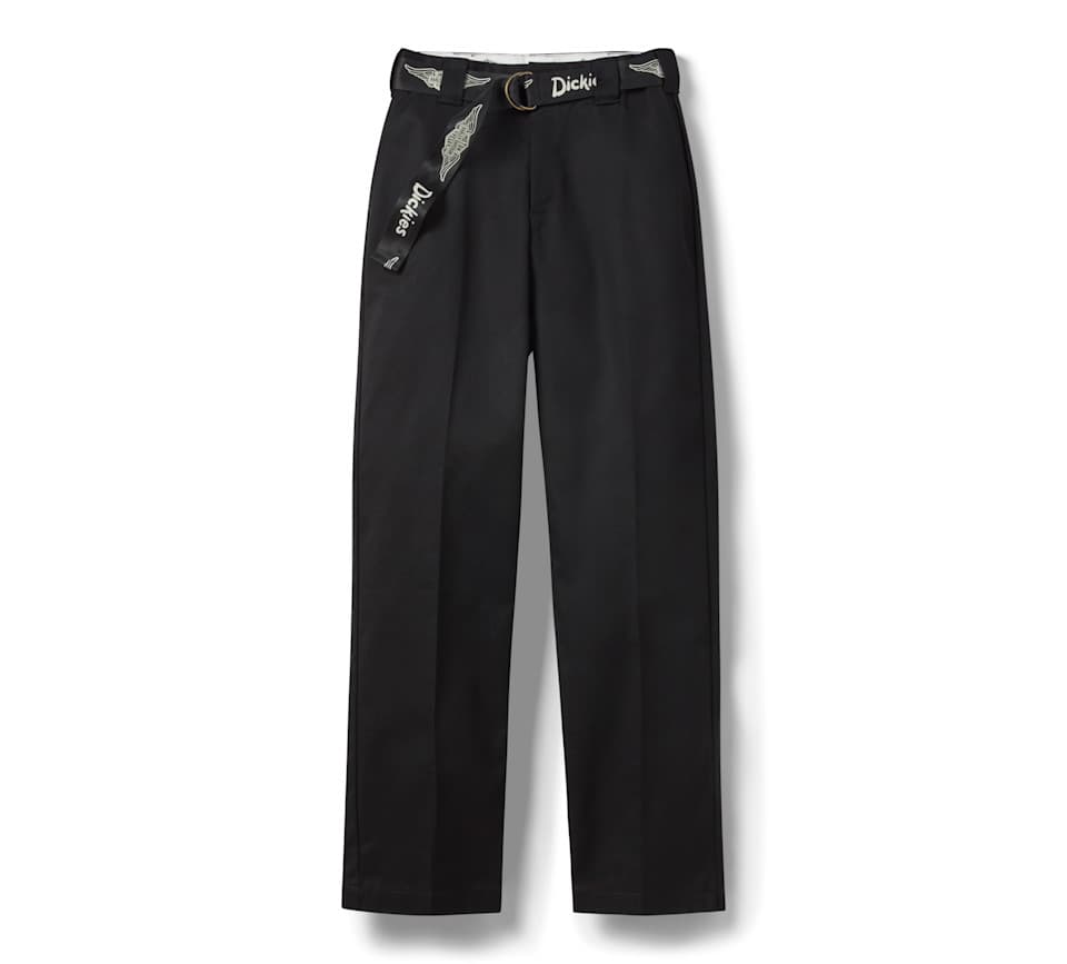 Pantaloni neri Dickies a gamba dritta con cintura in tessuto logata e decorazioni a forma di ali stilizzate. Abbigliamento casual resistente per