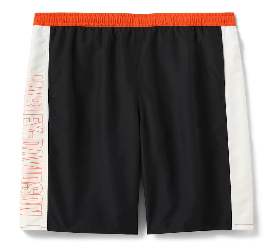 Pantaloncini sportivi neri con elastico arancione e bande laterali bianche. La banda sinistra presenta il logo Harley-Davidson outline arancione.
