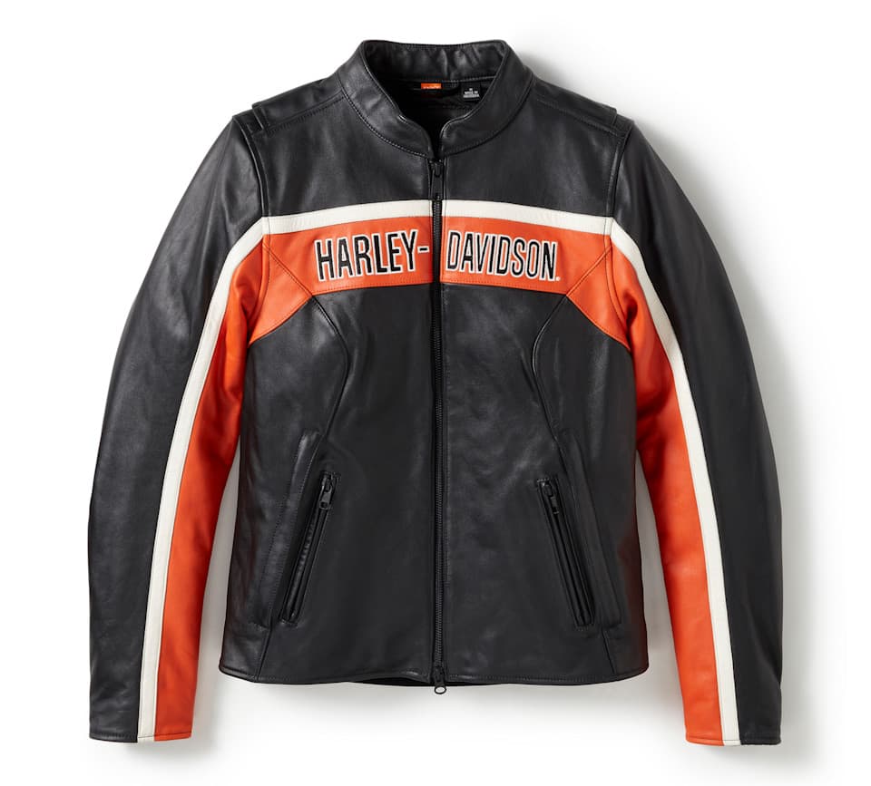Giacca in pelle nera Harley-Davidson con strisce orizzontali arancioni e bianche, logo sul petto, chiusura a zip e tasche laterali con zip.