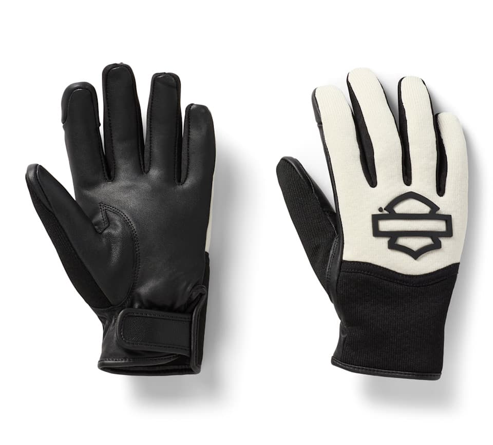 Guanti da moto Harley-Davidson bicolore. Palmo in pelle nera con chiusura a strappo, dorso in tessuto crema con logo Bar & Shield.