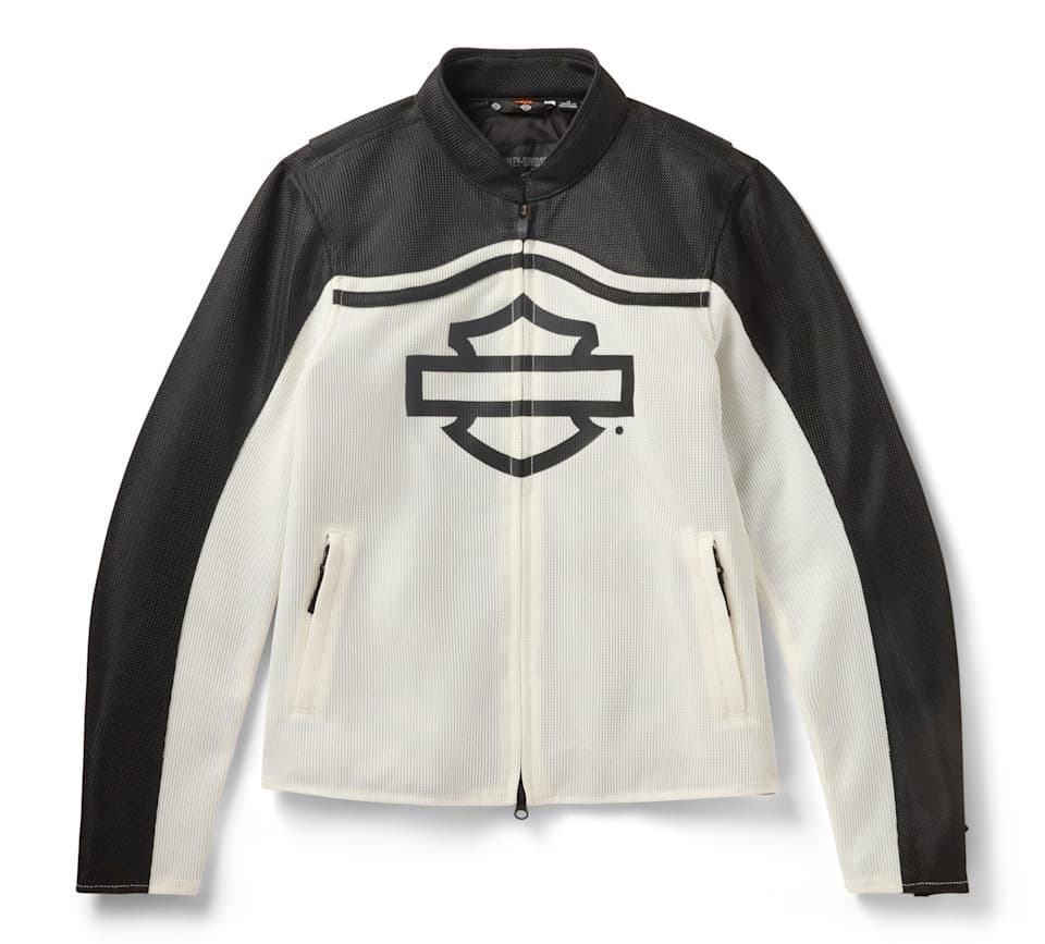 Giacca da moto Harley-Davidson in mesh bicolore bianco e nero con logo Bar & Shield frontale, ideale per abbigliamento tecnico.