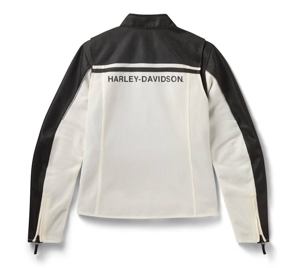Giacca da moto Harley-Davidson in tessuto mesh, bicolore bianco e nero, con logo sul retro e cerniere ai polsi.