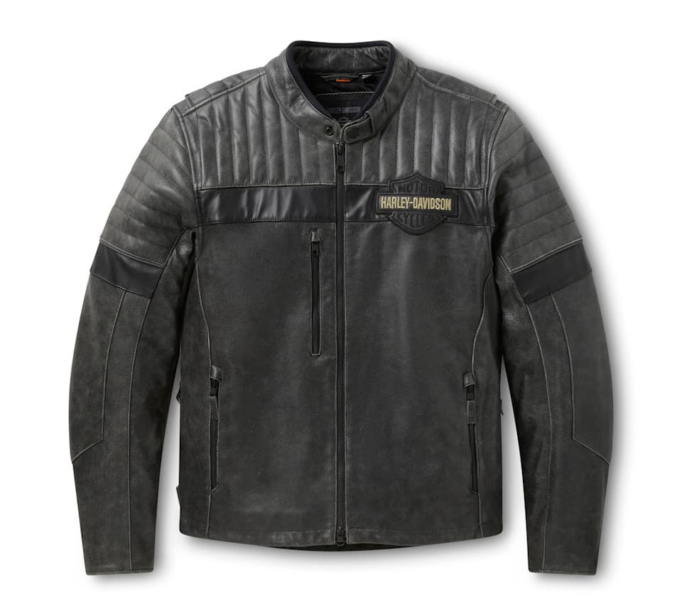 Giacca da moto Harley-Davidson in pelle grigio scuro, effetto invecchiato, con colletto alla coreana, dettagli trapuntati e logo Bar & Shield.
