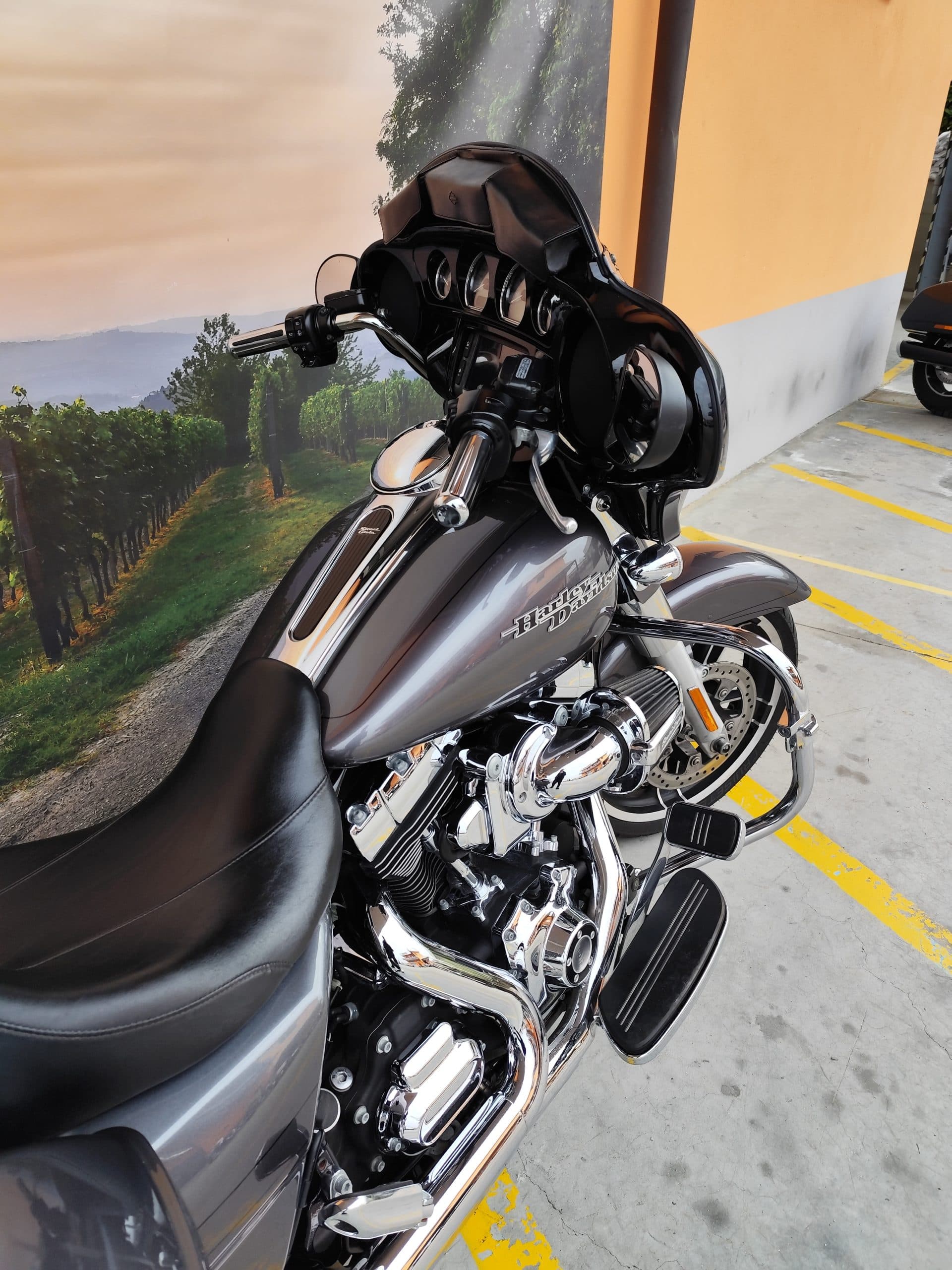 IMG_20260227_085450.jpg Harley-Davidson touring grigia, con motore e scarichi cromati, esposta davanti a un paesaggio di vigneti. Perfetta per un test ride.