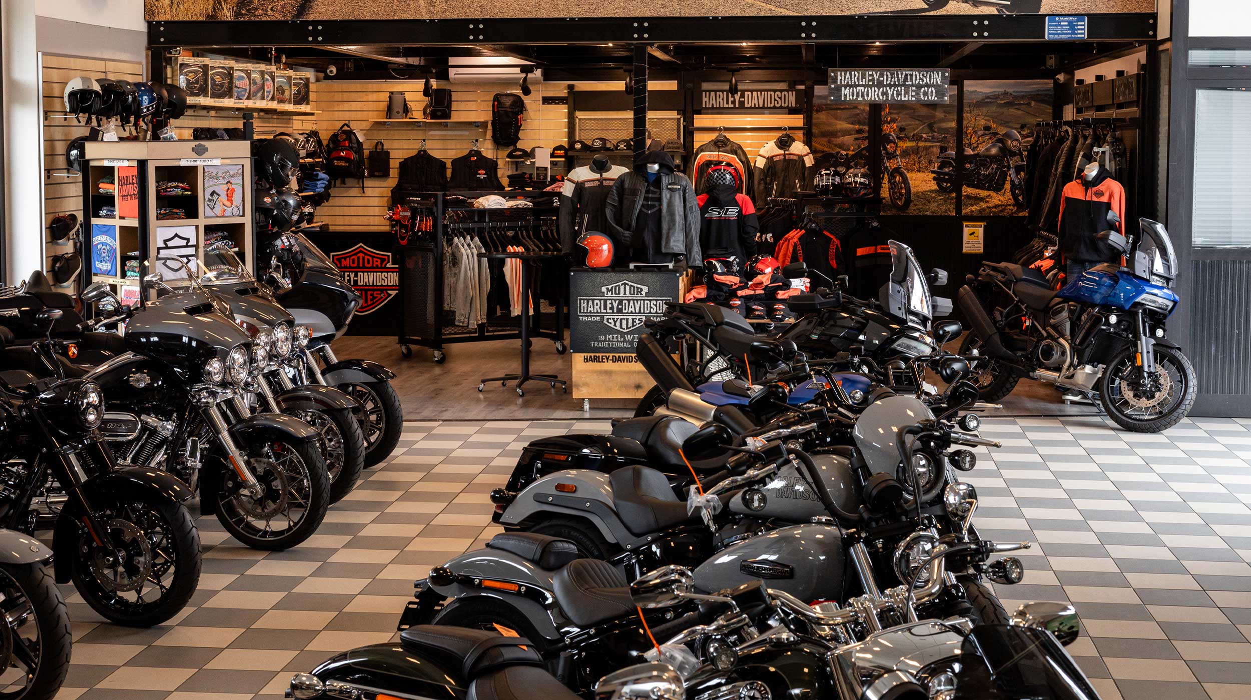 Interno concessionaria Harley-Davidson con moto e abbigliamento Showroom Harley-Davidson con una vasta esposizione di moto, inclusi modelli touring e Pan America. Disponibile anche abbigliamento e accessori.